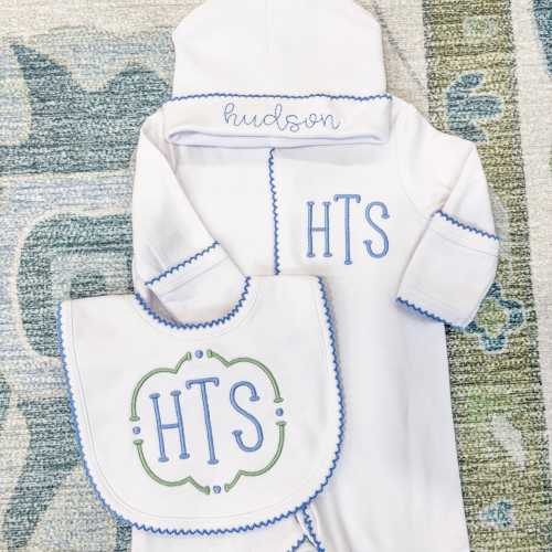 Newborn Boy Coming Home Outfit, Custom Embroidered Monogram Sleeper, Hat & Bib With Blue Picot Trim, Personalized Baby Boy Gift