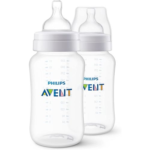 Philips Avent Anti-Colic Baby Bottles, 11oz, with Flow 3 Nipples, 3m+, 2pk, Clear, SCY106/02