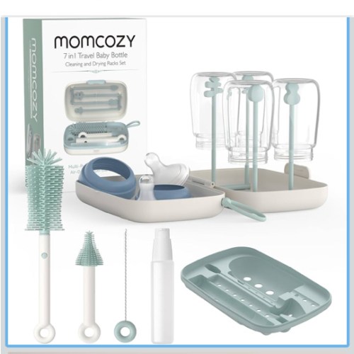 Momcozy Bottle Brush Set - Baby Bottle Cleaner Kit with Silicone Brush, Nipple Brush, Straw Brush, Soap Dispenser, Drying Rack - 7 in 1 Bottle Cleaning Tool for Home and Travel, Green