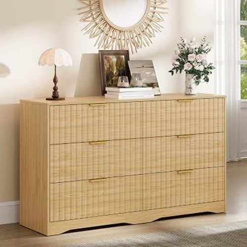 Fluted 6 Drawer Dresser for Bedroom,Wide Chest of Drawers,Natural Wood