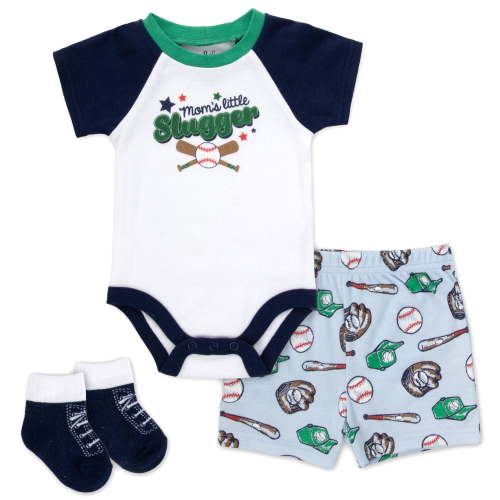 Baby Essentials 9 Months Infant Boys 3 Piece Bodysuit, Shorts, Socks Set Spring Summer Cotton Polyester Outfit in Mommy's Little Slugger Print