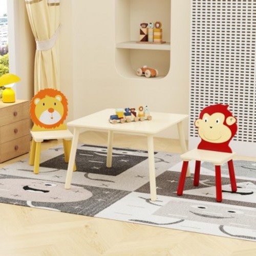 HOMEFUN Kids Table and 2 Chairs Set, 3 Pieces Toddler Table and Chair Set, Wooden Activity Play Table Set£¬Lion&Monkey