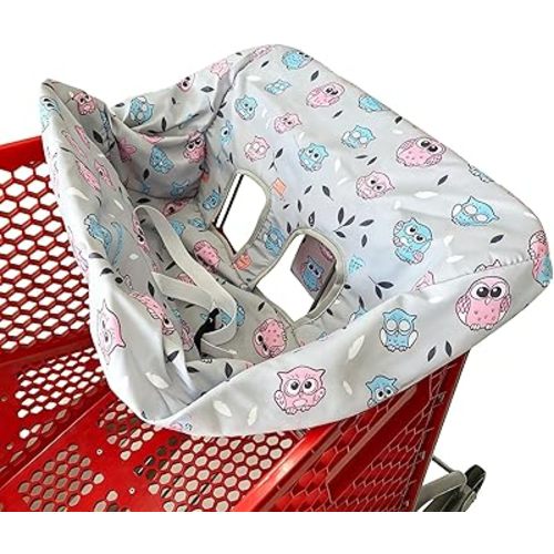 Portable Shopping Cart Cover, High Chair and Grocery Cart Covers for Babies, Kids, Infants & Toddlers, Attached Carry Bag (Simple Gray Owl)