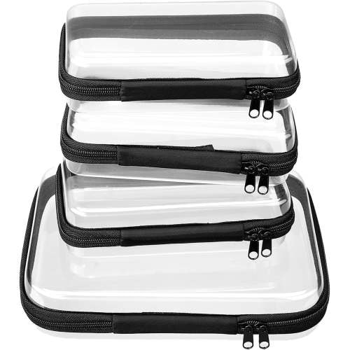 KEAWIS 4 Pack Clear Hard Shell Zipper Pouches, Multi-Size Travel Organizer Cases, Transparent Cosmetic & Toiletry Bags, Portable Diaper Bag Inserts & Small Toy Storage Bins