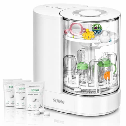 SIJING Baby Bottle Washer, Sterilizer and Dryer with Visible Glass Chamber | 4-set capacity for bottles, nipples and compatible pump parts; multi-angle spray, 72H dry storage and gravity-assisted drain
