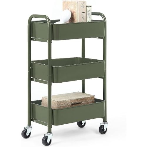 SunnyPoint 3-Tier Delicate Compact Rolling Metal Storage Organizer - Mobile Utility Cart Kitchen/Under Desk Cart with Caster Wheels - Army (15.35" X 10.24" X 26.8"H)