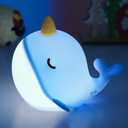 Fuloon Narwhal Night Light with Whale Shape, Squishy Silicone Kids Lamp, Safe & Soothing Touch Control for Kids and Babies, USB-C Rechargeable, 30-Min Auto Timer, Gift Idea (Blue)