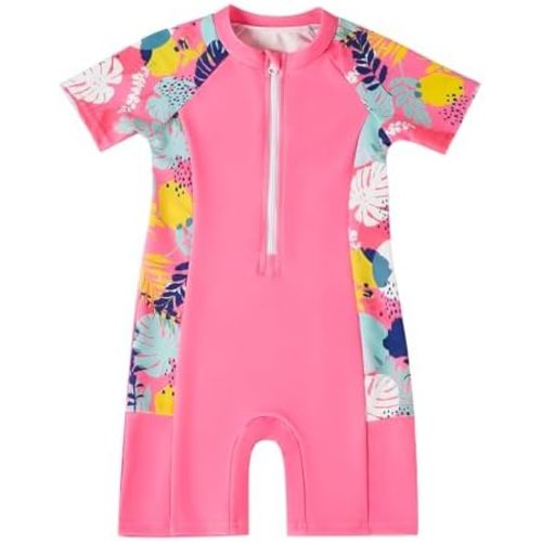 Neutocd Toddler Baby Girl One-Piece Rash Guard Swimsuit with Zipper Short Sleeve Bathing Suit for Summer Beach Holiday