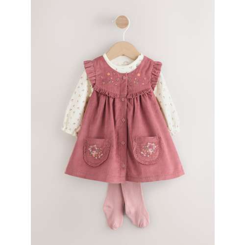Pink Embroidered Baby Cord Pinafore Long Sleeve Bodysuit & Tights Set (0mths-2yrs)