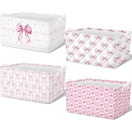 4 Pcs Pink Bow Storage Basket for Gifts Collapsible Girls Coqutte Pink Storage Bins with Handle Cute Preppy Foldable Laundry Organizer for Home Bathroom Bedrooms Baby Clothes Toys Books
