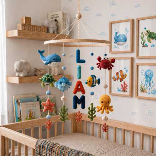 Custom Name Ocean Baby Mobile: Personalized Crochet Sea Animals Crib Mobile, Whale Octopus Turtle Nursery Decor, Baby Shower Gift