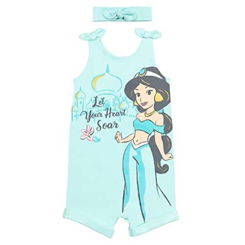 Disney Princess Rapunzel Ariel Belle Jasmine Aurora Baby Girls Snap Romper and Headband Newborn to Toddler