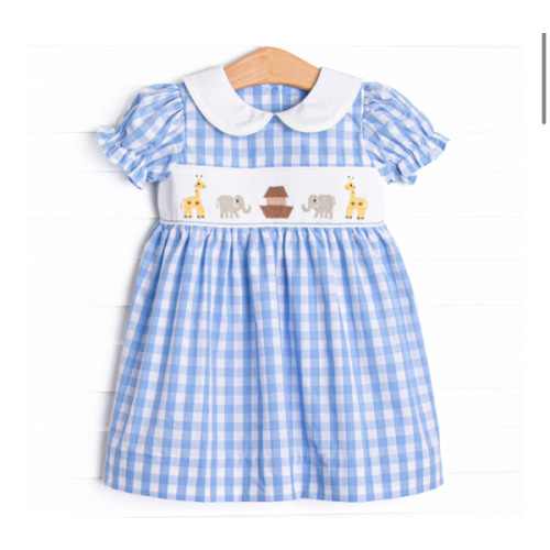 Noah's Ark Smocked Puff Sleeve Dress, Blue – Stitchy Fish
