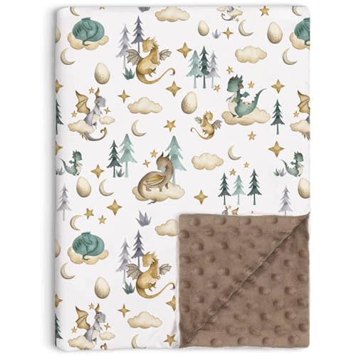 Dragon Baby Blankets, Dragon Fairy Tale Themed Toddler Soft Minky Blanket with Double Layer Dotted Backing, Nursery Newborn Receiving Crib Stroller Swaddle Cloud Moon Egg Star Blankets, 30"x40"