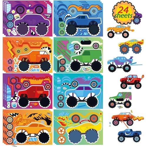24 Sheets Monster Truck Sticker, Monster Truck Party Favor, Make Your Own Stickers Cartoon Car Make-a-face Stickers Classroom Activities Birthday Gift for Girls Boys