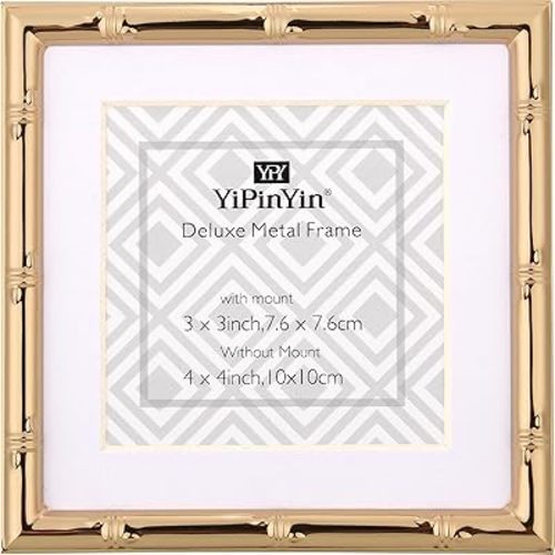 4x4''Bamboo Detail Gold Metal Picture Frame Mat 3x3'',3x3''Cute Gold Plated Baby Nurse Photo Frames With Velvet Backing for Desktop and Wall Décor,Gift Packed 4x4'' Metal Frame.