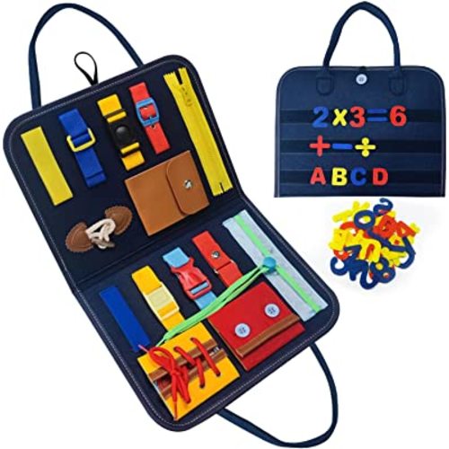 Busy Board Montessori Toy for 1 2 3 4 Year Old Toddlers - Preschool Learning Activities Sensory Board for Fine Basic Dress Motor Skills - Educational Travel Toys for Plane Car, Gift for Boys Girls