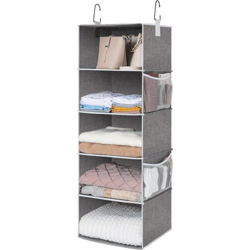StorageWorks Hanging Closet Organizer, 5-Shelf Hanging Shelves with 2 Hooks, Foldable Space-Saving Design, Closet Organizers and Storage for Bedroom, Dorm, Locker, Gray