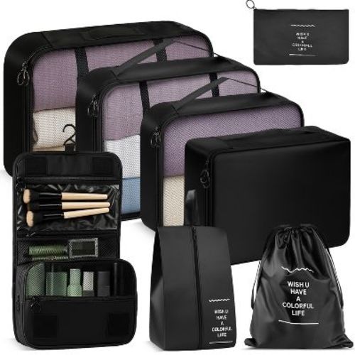 Fosmon 8pc Packing Cubes For Travel Compression, Hanging Toiletries Travel Bags Makeup, Suitcase Luggage Organizer Bags, Travel Cubes Set, Black