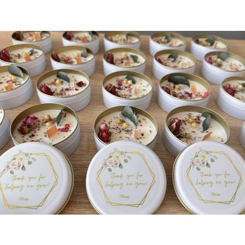 Personalized Tin Candle with Embedded Dried Flowers in Bulk - Scented Soy Wax Favors for Weddings, Bridal Showers, Baby Showers, Birthdays
