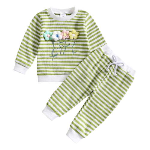 Xyant Toddler Clothes for Girls Baby 3D Flower Fall Winter Outfits Stripes Sweatshirt Pullover Cute Pants Set Baby Girls' Clothing (Green,18-24 Months)