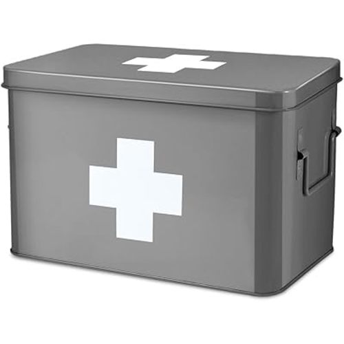 Flexzion Vintage First Aid Kit - 13" Gray Metal Box with Dividers, Removable Tray and White Cross Logo