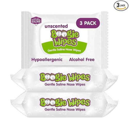 Boogie Wipes, Saline Wipes for Baby & Kids, Nose Booger Wipes for Allergy Relief, Face, Hand & Body, Made with Vitamin E, Aloe and Natural Saline, Unscented, 30 Count (Pack of 3)