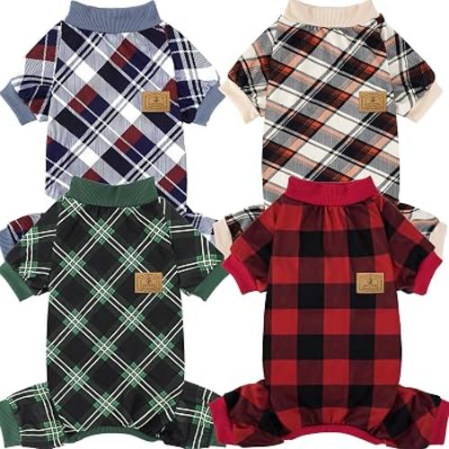 XPUDAC 4 Pack Dog Pajamas for Small Dogs Cats Plaid Doggie Clothes Puppy Onesies Christmas Pajamas Jumpsuits Pet Pjs Shirt Apparel Medium, Red Green Beige Grey