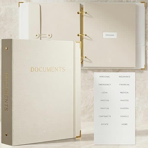 Sturdy Document Organizer Set with Folders - Beautiful Linen 3-Ring Binder Safely Stores All Important Documents & Files in One Place - Easy to Use Expanding Storage Incl. Envelopes, Pockets & Labels