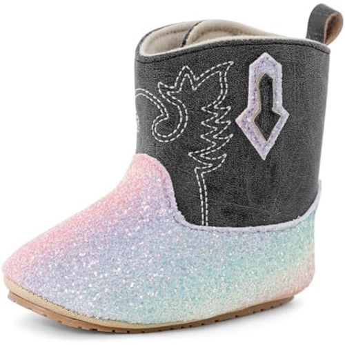 ESTAMICO Baby Girls Embroidery Western Cowgirl Boots Infant Sequin Leather Cowboy Booties Round Toe Ankle High Hook and Loop Shoes