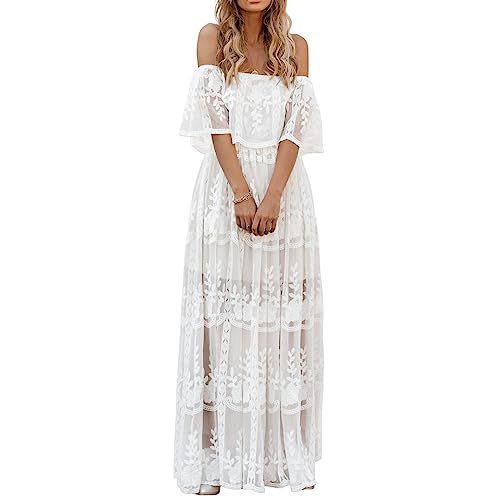 Women's Casual Off Shoulder Lace Maxi Dress Boho White Bridesmaid Wedding Evening Party Dresses