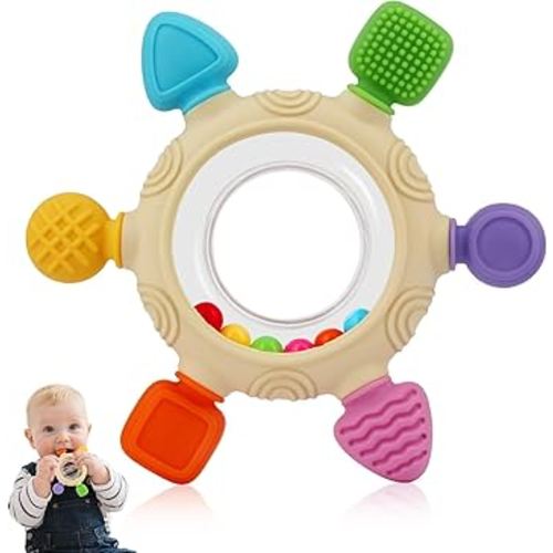Baby Teething Rings Toys for 0-6 6-12 Months Baby Rattle Teether Sensory Toys for Babies 0-24Months Silicone Teether Relief Chew Soothing Sore Gums for Newborn Infant Essentials BPA Free