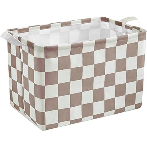Khaki White Checkered Canvas Basket, Rectangular Organizing Decorative Storage Basket for Kids Dog Toy, Cute Aesthetic Checkered Room Decor for Home, Kitchen, Bedroom, Classroom, Shelves