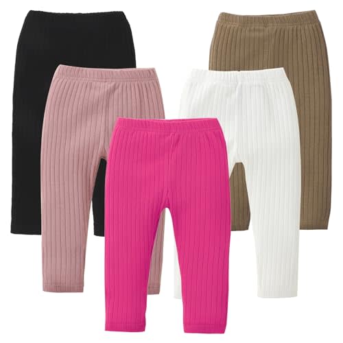 DREAM BUS 5 Pack Toddler Girl Pants Baby Girl Solid Ribbed Pants Toddler Girls Bottoms Leggings Newborn Cotton Jogger