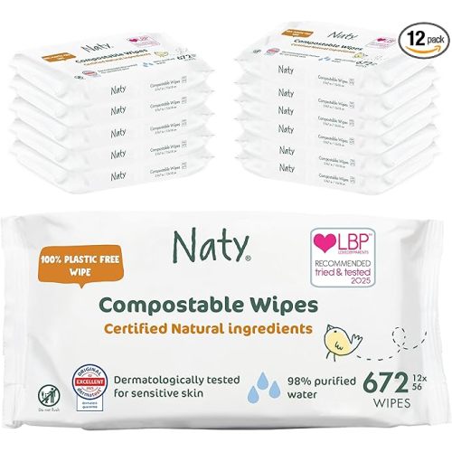 Naty Baby Wipes | 98% Water, Hypoallergenic & Natural for Sensitive Skin | Unscented, Plant-Based, Fragrance-Free | Plastic-Free & Compostable | Newborn & Toddler Diaper Wipes | 672 Count (12 Packs)