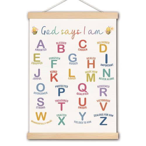 DNEULYR God Says I am Alphabet Christian Wall Art Poster for Kids, Bible Verse Affirmations Poster Hanger Frame for Nursery Toddler Kids Room Playroom Classroom Sunday School, 12x16 Inches