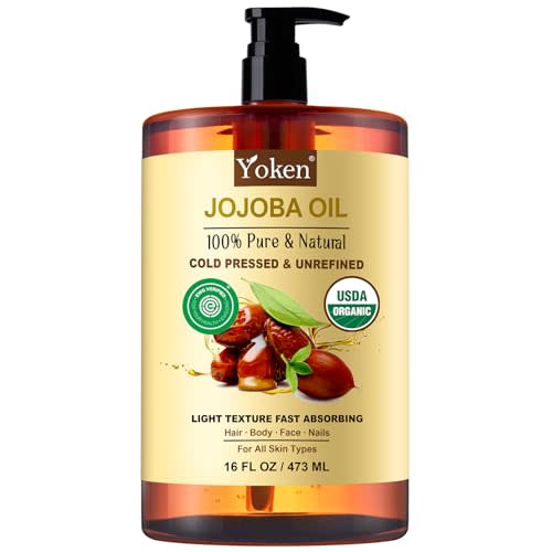 Yoken Organic Jojoba Oil 16oz, USDA Certified Cold Pressed for Skin Care | Cold Pressed Body Oil Women After Shower Unscented Carrier Massage Moisturizer Hydrating Nourishing Essential Mixing