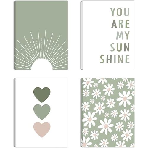 Boho Wall Art Set of 4 Sage Green Nursery Wall Decor You Are My Sunshine Canvas Painting Prints Daisy Flower Cute Heart Pattern Posters Baby Room Pictures for Bedroom Kid Girls Room 12x16 In Framed