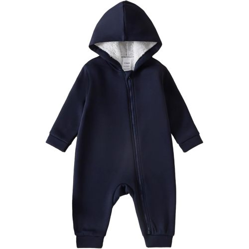 Baby Boy Jumpsuit 2-Way Zipper Romper Hooded Fleece Lined Long Sleeve Footless Solid Outfits 0-24M