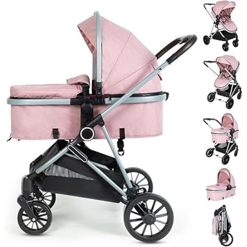 2-in-1 Baby Stroller with Bassinet Mode - Folding Infant Newborn Pram with Reversible Seat - for 0-36 Months Baby Girl Pink