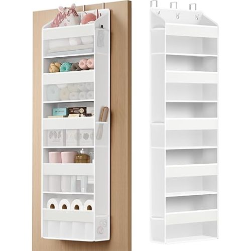 SONGMICS Over-the-Door Organizer, 5-Tier Door Hanging Storage Shelf, Heavy-Duty Closet Hanging Organizer Foldable, Transparent, Pockets, Metal Hooks, Cloud White URDH010WH01