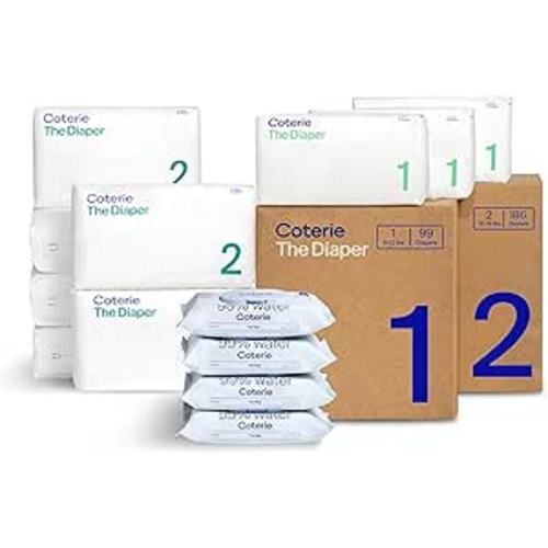 Coterie Baby Wipes + Diapers Kit, Size 1 & Size 2 Diapers, 4-Pack Wipes | Includes Size 1 (99 ct), Size 2 (186 ct), 4 pack (224 ct) wipes, 99% water, plant based, hypoallergenic for sensitive skin