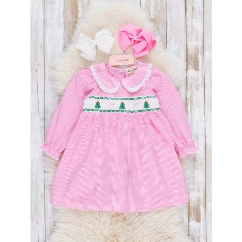 Pink Cotton Smocked Trees Ruffle Dress
