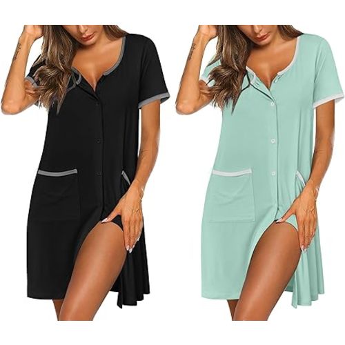 Ekouaer Nightgowns for Women 2 Pack Button Down Sleep Shirts Short Sleeve Nightshirt Sleepwear House Dress with Pockets