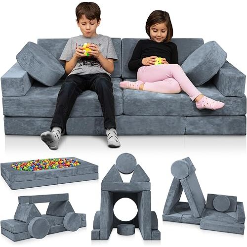 Lunix LX15 14pcs Modular Kids Play Couch, Child Sectional Sofa, Fortplay Bedroom and Playroom Furniture for Toddlers, Convertible Foam and Floor Cushion for Boys and Girls, Gray