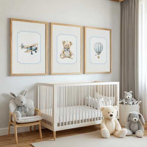 Baby Boy Wall Art Set, Airplane Teddy Bear Balloon Artwork, Neutral Beige Blue Nursery Decor, Vintage Boys Room Print