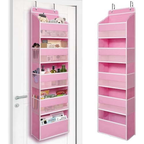 Over Door Organizer with 5 Large Pockets, Heavy Duty Hanging Organizer Storage, Closet Bathroom Nursery Bedroom Dorm, Toys Cosmetics Sundries and Baby Essentials, Pink