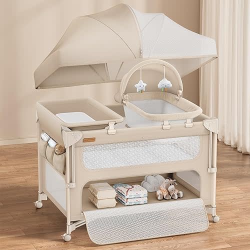 ANGELBLISS Baby Bassinet Bedside Crib, 5-in-1 One-Push Instant Fold Pack and Play with Changing Table, Napper Bassinet, Mattress & Mosquito Net, Portable Playard for Newborns to Toddlers (Khaki)