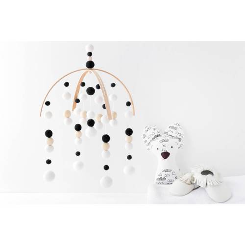 Black and White Baby Mobile - Gender Neutral Felt Pom Pom Crib Mobile - High Contrast Nursery Cot Mobile - Minimalist Ceiling Mobile Decor