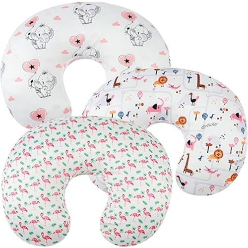Nursing Pillow Cover Set 3 Pack Nursing Pillow Slipcovers for Moms Breastfeeding Moms, Ultra-Soft Stretchy Fit Standard Nursing Pillows Flamingo Elephant & Lion